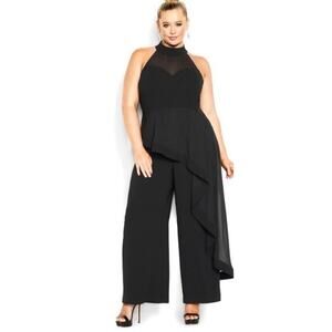City Chic Mika Black Sleeveless Wide Leg Asymmetric Overlay Jumpsuit Size 24